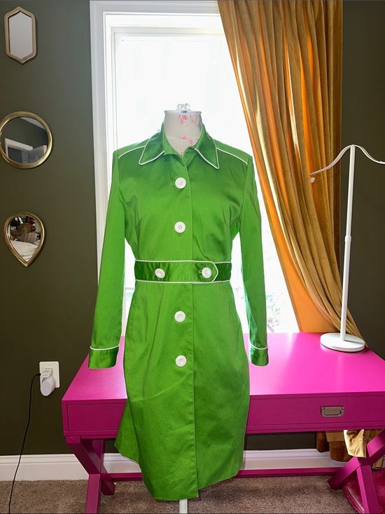 Larry Levine Jackets & Blazers - Larry Levine Bright Green Trench Coat with White Piping